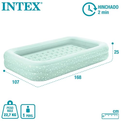 INTEX KidzTravel Luftbett für Kinder ab 3-6 Jahren (71×132×10 cm) – Kinder Reisebett aufbalsbar mit Umrandung inkl. Luftpumpe Gästebett Beistellbett, Mintgrün mit Sternenmotiv