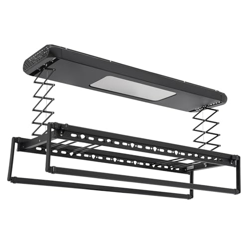 HPDTZ Séchoir à linge électrique - 130 à 215 cm - Extensible - Montage au plafond - Avec télécommande - Grille d'aération LED - Corde à linge...