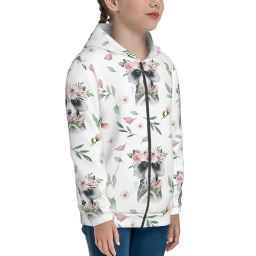 Watercolor Floral with Raccoon Kid Hoodies Boys Zip Up Sweatshirts Girls Pullover with Pocket4