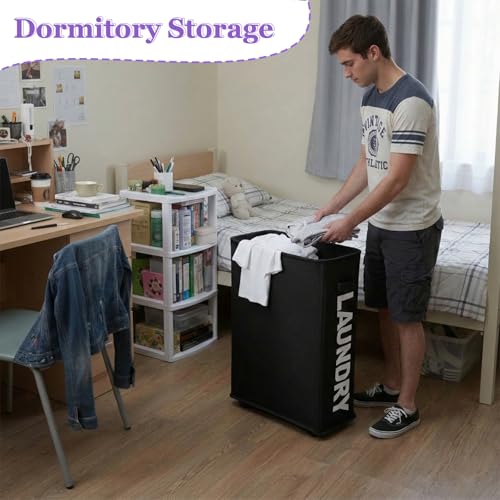 Image of Black Rolling Laundry Hamper, Slim Laundry Basket with Wheels for Small Spaces, 42L Tall Narrow Dirty Clothes Hamper, Collapsible Laundry Bin for Bedroom Dorm Laundry Room