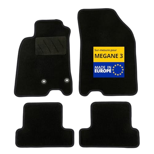 DBS – Tapis de Voiture - sur Mesure pour Renault Megane 3 (11/2008-01/2016) – Antidérapants avec Clips de Fixation – 4 Tapis Auto Avant/arrière – Moquette Noire