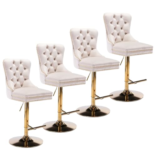Butaco regulable en altura, set de 4 unidades, giratorio con respaldo acolchado y base metálica dorada, tapizado en tela de terciopelo para isla de cocina y bar (Beige, 4 piezas) miniatura 1