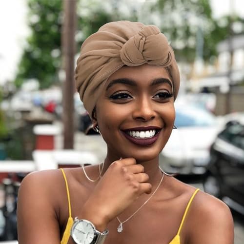 Image of DRESHOW 5 Pack Knotted Headwraps for Women African Turban Pre-Knotted Beanie Headwraps Hair Covers