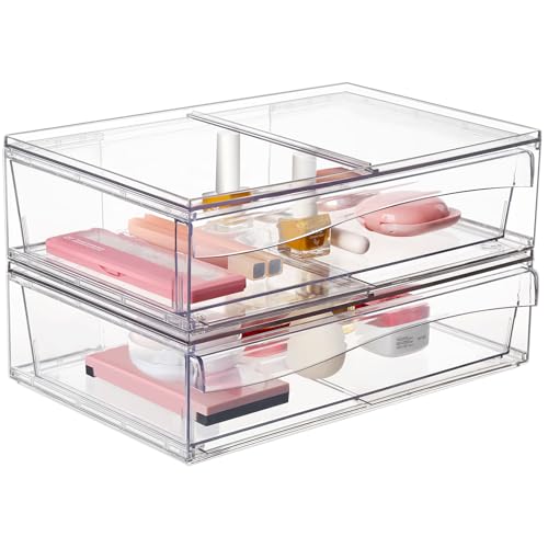 Grande organizer per trucchi con cassetti, confezione da 2 cassetti pieghevoli e impilabili, organizer per scrivania in PET, organizer per armadietti e cosmetici, antipolvere per cassettiera, bagno,