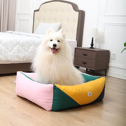 Image of Cotton Canvas Dog Bed, Dog Beds Large Sized Dog, Orthopedic Bed with Washable Removable Cover Durable 290 GSM Cotton Anti-chewing Pet Bed with Anti-Slip Bottom (38 inchx30 inchx12 inch, Pink&Yellow&Green)