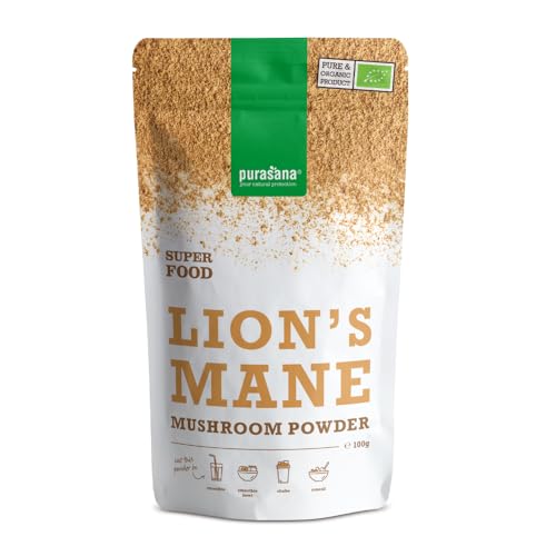Purasana® Lion’s Mane Bio – Poudre de Crinière de Lion 100% Pure – Champignon Adaptogène Riche en Fibres & Protéines – Idéal pour l’Énergie, la Concentration & la Digestion – 100 g