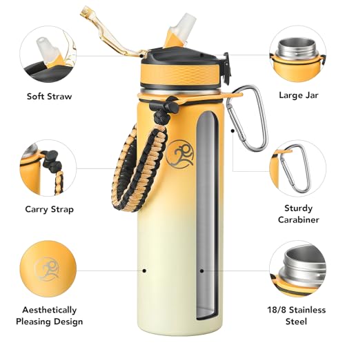 Image of GOSWAG 24oz Insulated Stainless Steel Travel Water Bottle, 2 Lids | with straw and no straw, Paracord handle, Double-wall vacuum keeps drinks cold or hot, Leakproof tumbler