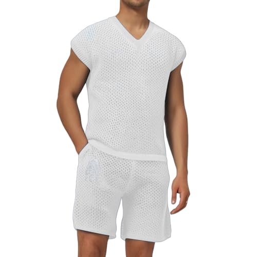 Duohropke Conjunto de pijama transparente para hombre, de malla, corto, sexy, con botones, manga corta, camisa, calzoncillos tipo bóxer, verano, ropa de dormir, 02 blanco, XXL
