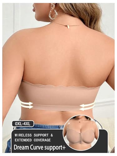 Image of MakeMeChic Women's Plus Size Strapless Bras Front Closure Half Push Up Bra Bandeau Wireless Bralette for Large Bust