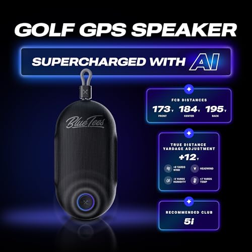 Image of Blue Tees Golf Player Go - Golf GPS Speaker, Powered By AI, Compact GPS Speaker, Auto Course Recognition, Bluetooth Audio, 40,000+ Courses, IPX7 Waterproof, 16+ hr Battery, Built-in Magnetic Strip