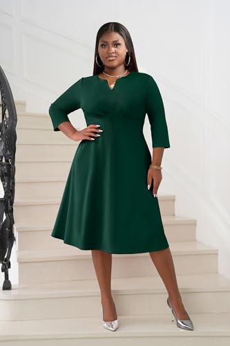 Image of Nmoder Women's Plus Size Stretchy Flared Wrap Dress Casual Wedding Guest Midi Dresses V Neck 3 /4 Sleeve A-Line Swing Dress