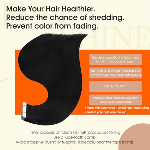 Image of Full Shine Tape in Hair Extensions Human Hair,1B Off Black,10Inch 30G 20Pcs,Seamless Invisible Tape in Extensions for Thin Hair,Add Natural Volume And Length,Remy Human Hair