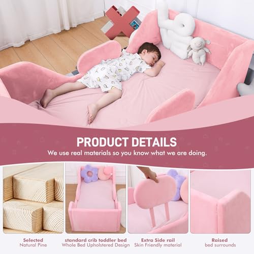 Toddler Bed, Child Bed for Kids with Extra Safty Broad, Standard Crib Size Toddler Bed, Certified Fabric Toddler Beds,Toddler Flood Bed (Pink)