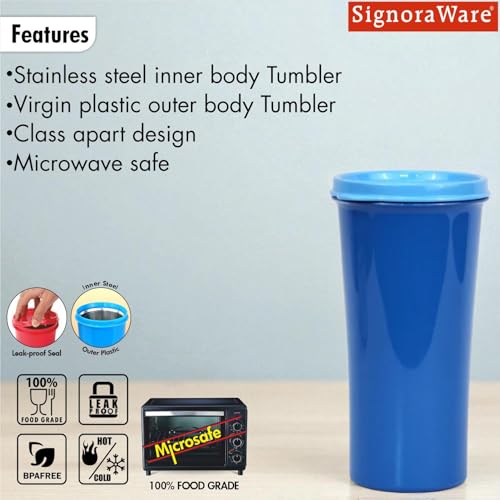 Image of SignoraWare Monarch Stainless Steel Tumbler | Airtight & Leakproof | Easy to Carry & Clean | Ideal for Cold Beverages | Perfect for Office, School, Home & Outdoor Use (650ml | Blue)