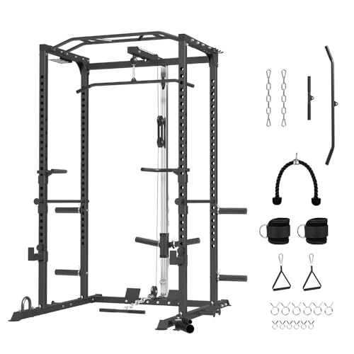 Image of FAGUS Power Cage, Multi-Function Power Rack with LAT Pulldown, Seated Row, Cable Pulley System, J-Hooks, Dip Handles, Landmine, Squat Rack with Optional Cable Corssover, Smithe Attachment for Home Gym