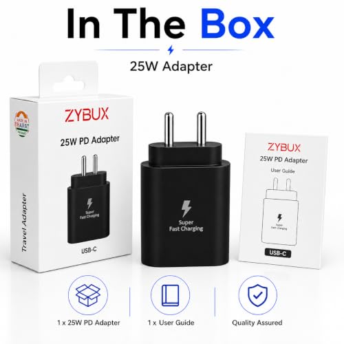 Image of ZYBUX 25W Type C PD Superfast Charger with 1M Type-C Cable Compatible with Samsung Galaxy M17|M17e|M36|M35|M16|M56| M06|M05|M15|A57|A37|A17|A36|A56|A26| A06|A16|A55|A35 Phone, Type-c Devices | Black