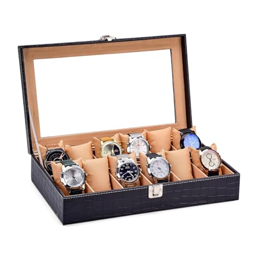 Image of Premium 12-Slot Watch Collection Box | Black Leatherette Watch Organizer with Glass Display Lid, Maroon Velvet Interior, Magnetic Closure & Removable Cushions