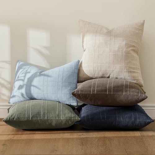 Image of MIULEE Decorative Linen Check Lumar Throw Pillow Covers Neutral Farmhouse Vintage Pillow Covers 12x20 Set of 2 Boho Modern Home Decor for Sofa Couch Bedroom Cushion Coastal Blue