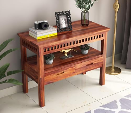 Image of Sheesham Wood Console Table for Living Room | Solid Wood Entryway Hallway Sofa & Fish Tank Table with 2 Drawers & Shelf Storage | Rosewood Honey Finish