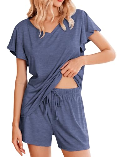 Ekouaer Pajamas Set Women Casual Ruffle Sleeves Soft Comfy Loungewear Set with Pockets,Medium,Navy Blue