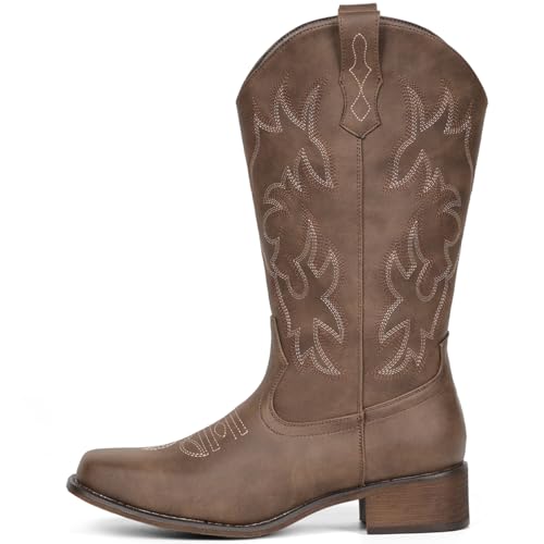 Image of IUV Cowboy Boots For Women Square Toe Wide Mid Calf Western Pull On Suede Fashion Black Brown Cowgirl Boots