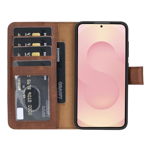 HARDISTON Premium Wallet Case for Samsung Galaxy, Handmade Genuine Leather, Detachable Magnetic Flip Cover with Card Holders, Customizable, Horizontal Kickstand (Brown, for Samsung Galaxy S26)