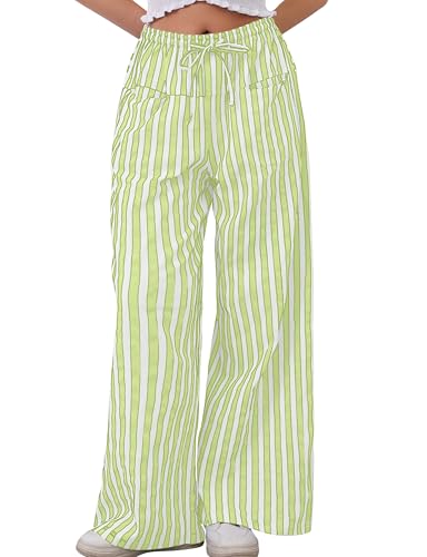 Image of MISSACTIVER Women Drawstring Striped Pants Loose Wide Leg Trousers Casual Low Waist Pants Comfy Lounge Pants with Pockets
