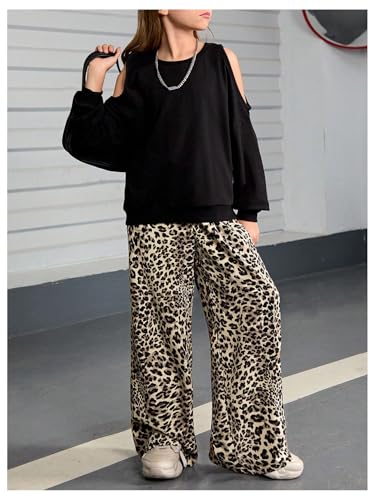 Image of Floerns Girl's Leopard Print Patched Drawstring Waist Wide Leg Y2k Pants