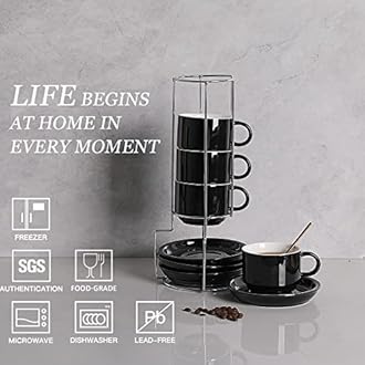 Sweejar Porcelain Cappuccino Cups with Saucers and Metal Stand, 8 Ounce Stackable Espresso Cups for Specialty Coffee Drinks, Latte, Americano, Tea - Set of 4 (Black)