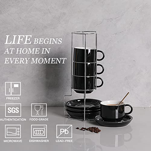 Sweejar Porcelain Cappuccino Cups With Saucers And Metal Stand, 8 Ounce Stackable Espresso Cups For Specialty Coffee Drinks, Latte, Americano, Tea - Set Of 4 (Black) #TOP1
