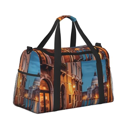Venice Night Print Travel Duffle Bag - Foldable Personal Item Travel Bag for Women & Men,Carry-On Convertible Crossbody Tote Bags with Adjustable Shoulder Strap & Pockets 13x10.2x19.7 in3