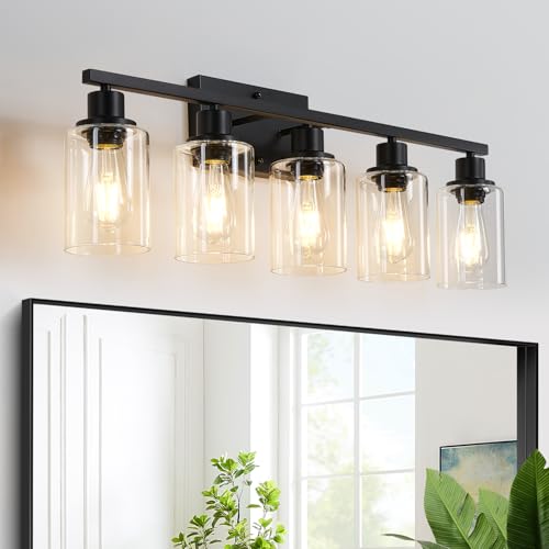 Image of MOKATNG 5-Light Bathroom Light Fixtures, Vanity Light with Clear Glass Shades, Matte Black Bathroom Light Fixtures Over Mirror, Modern Bathroom Wall Lamp for Mirror Living Room Cabinet Bedroom