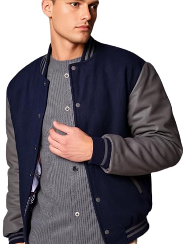 Image of Deckra Men's Varsity Jacket Genuine Leather Sleeve and Wool Blend Letterman Boys College Varsity Jackets XS-5XL