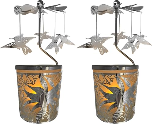 Hummingbird Frosted Lighted Candle Spinner - Hanging Silver Rotating Hummingbirds - Scandinavian Style Home Décor - 6 1/4' H (Pack of 2)