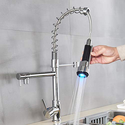 Saeuwtowy Mitigeur évier Pulvérisateur Double Fonction Robinet de Cuisine–Pivotante à 360 °Pulvérisateur à Nez de Robinet Avec éclairage LED 3 Couleurs,De Cuisine Robinet Douchette Chromé