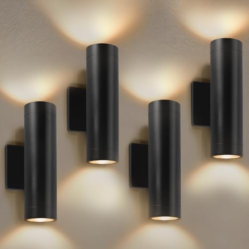 Image of Modern Outdoor Wall Light Fixtures, 4 Pack Integrated COB LED Cylinder Up Down Wall Sconce, 12W 3000K Matte Black Aluminum Waterproof Exterior Porch Lights for House Entryway Garage