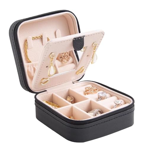 Estojo de joias de viagem e organizador com espelho, preto