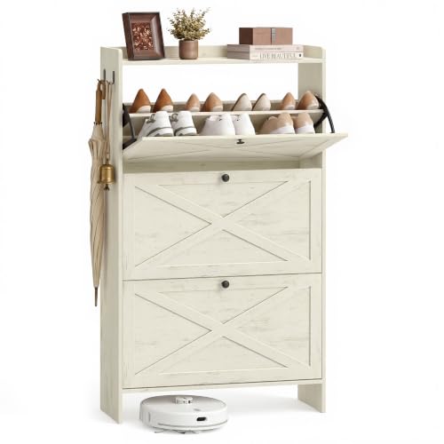 VASAGLE Scarpiera, Mobile Portascarpe con 3 Scomparti a Ribalta, Mobiletto Salvaspazio per Ingresso e Corridoio, Stile Rustico, 83 x 24 x 142,6 cm, Bianco, Collezione HANIS HSC303WJ01