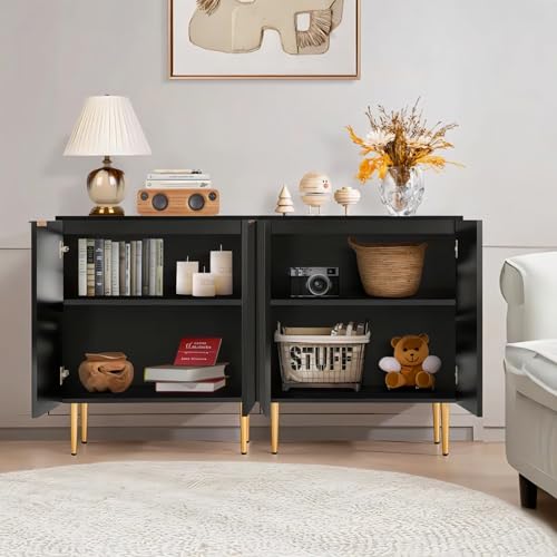 Image of Floated Panel Wooden Sideboard Cabinet | 2 Door Storage Unit with Metal Legs | Premium HDMR Wood Console Cabinet for Living Room, Kitchen & Dining | DIY Leg Assembly | Black