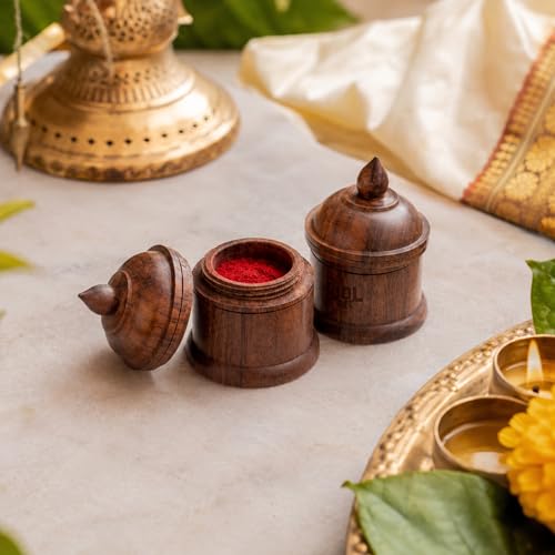 Image of Rosewood Sindoor Dani Kumkum Box Set of 2 for Pooja & Bridal Use | Handmade Wooden Kumkum Dibbi with Lid | Natural Wood Grain Finish | Small Decorative Storage Container | dibbi001