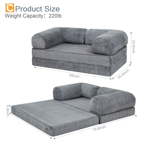COMAX 4-in-1 Futon Sofa Bed, Queen Size Foldable Couch with L-Shaped Armrests, Convertible Sleeper Chair Bed, Comfortable Lounge Mattress for Living Room and Bedroom, Snow Grey