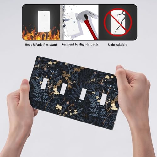 Decorative Switch Plate Covers Rustic Navy Dark Blue Leaves Golden Floral 4 Gang Light Switch Cover Plate Quad Toggle Wall Plate Light Switch Covers for Bedroom Home Decor