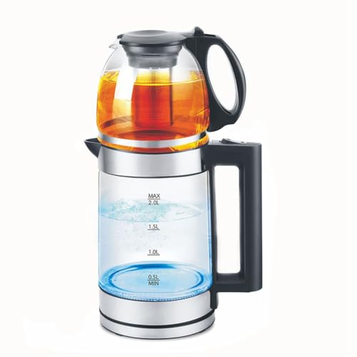 HWIREUIGT Hervidor Eléctrico de Vidrio con Infusor de Té, de Vidrio Borosilicato, con Base Giratoria de 360° para Té y Café, Enchufe Europeo.