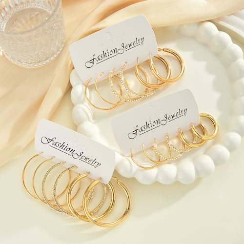 Image of 12 Pairs Gold Hoop Earrings Set for Women, Lightweight Hoop Jewelry