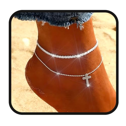 Image of Yalice 925 Sterling Silver Ankle Bracelets for Women Dainty 14K Gold Plated Anklets Set Shiny Waterproof Ankle Chain Cross Beach Foot Jewelry Gifts