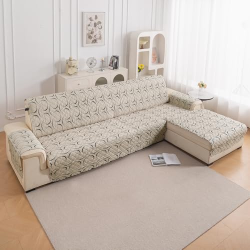 Image of HOKIPO 'Elira Series' Printed Quilted One-Piece L Shape 5 Seater (3+2) Sofa Cover with Right Chaise | Anti-Slip Design, Natural Beige Abstract Art (AR-6229-C4)
