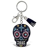 Aqua79 Sugar Skull Keychain - Black Sparkling Rhinestones Charm with Tassel, Fashionable Stylish Polyester PU Key Ring Bling Jewelry Accessory with Clasp For Key Chain, Bag, Purse & Backpack
