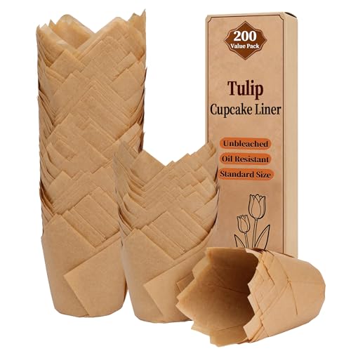 Image of KORCCI 200pcs Tulip Cupcake Liners,Greaseproof & Sturdy Muffin Liners, Unbleached Parchment Baking Cups, Easy Release Natural Cupcake Wrappers for Baking, Party, Wedding & Christmas