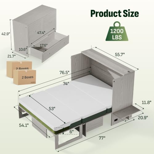 Image of Softa Full Murphy Bed Cabinet with 6 inch Tri-Fold Mattress, Storage Drawer & Charging Station, 1200 Lb Heavy Duty Wood Wall Bed with Fold-Down Desk for Guest Room & Home Office, No Box Spring Needed
