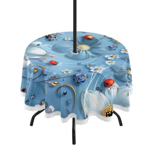 Wajiw 60 Inch Indoor Outdoor Round Tablecloth with Umbrella Hole and Zipper Waterproof Patio Table Cover for Camping Dining Room Party Outdoor Picnic,Blue Flower